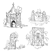 Concept art of Last Church architecture, including one statue of Mythris.