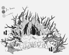 Concept art for the rubble surrounding the lair.