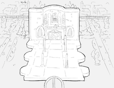 Concept art for the boss arena and its surrounding area.