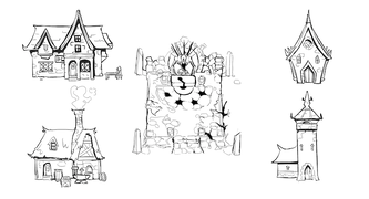 Concept art for the Cult Base's buildings.